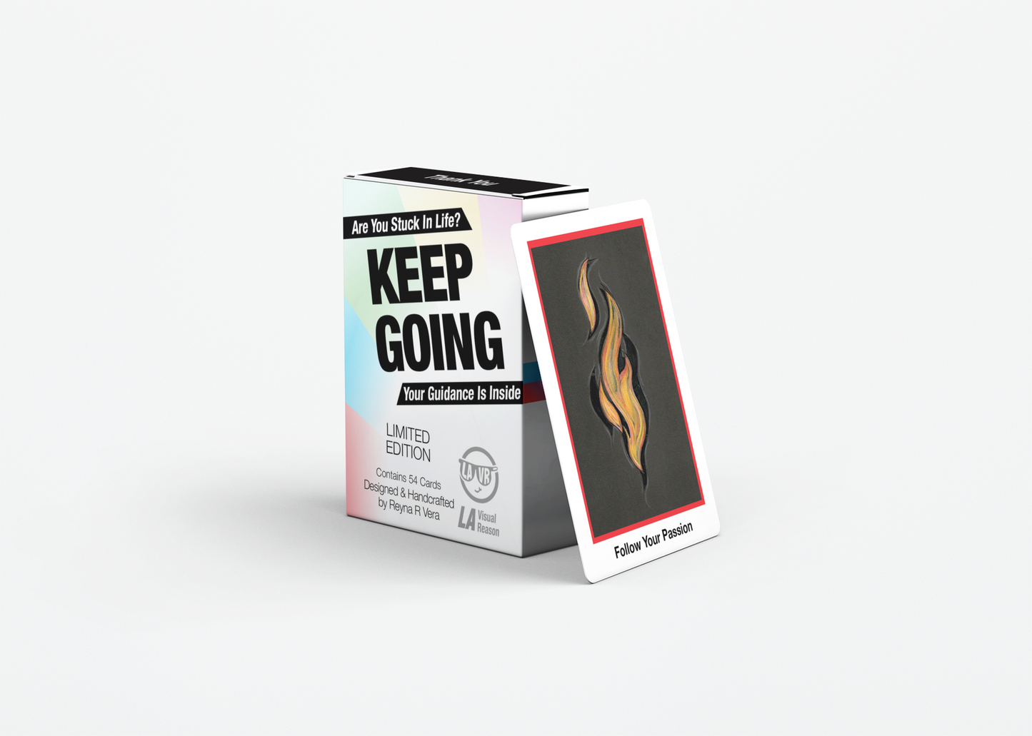 Product packaging with 'Keep Going' text and flame graphic on a white background