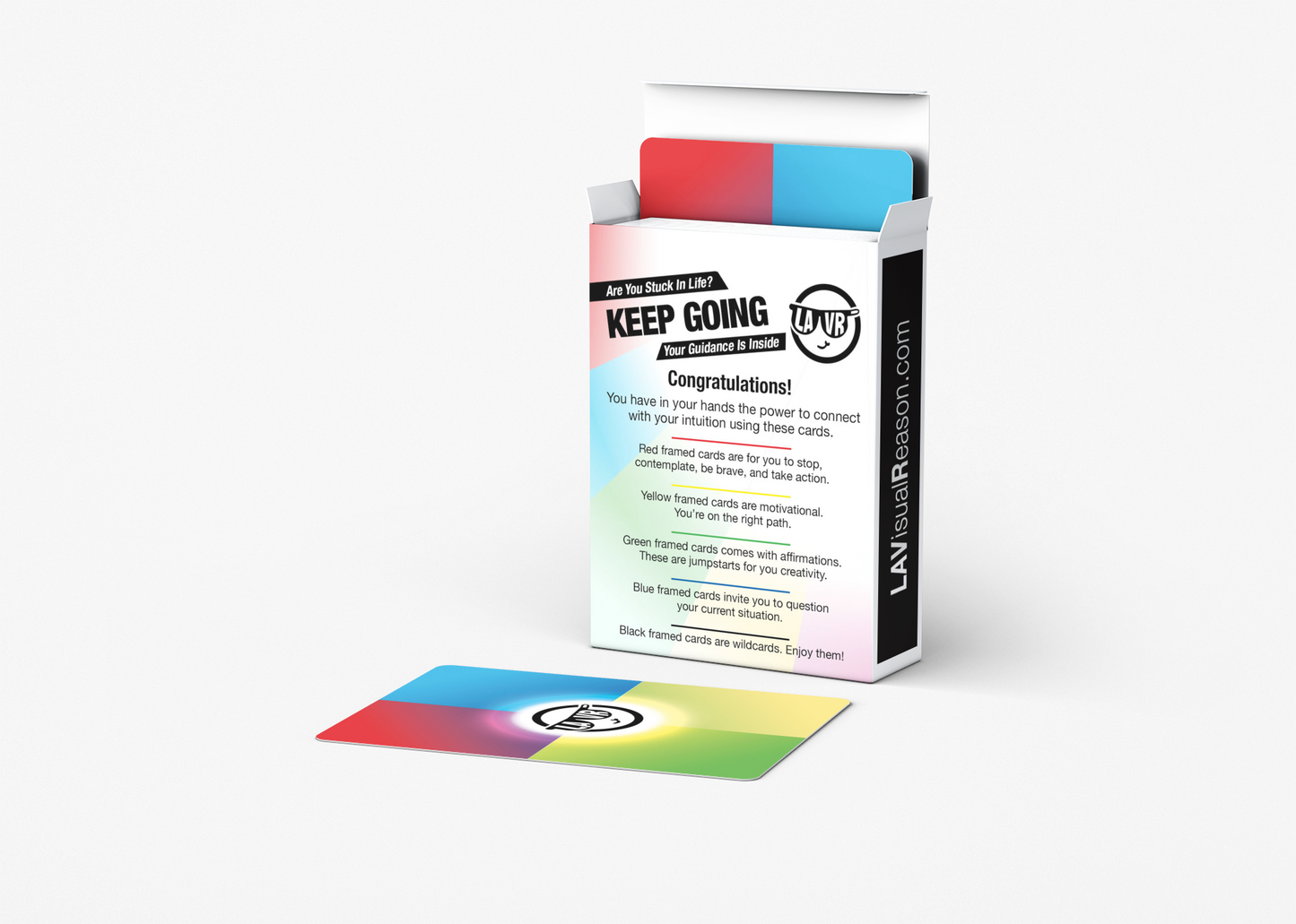 Card game packaging with colorful cards on a white background
