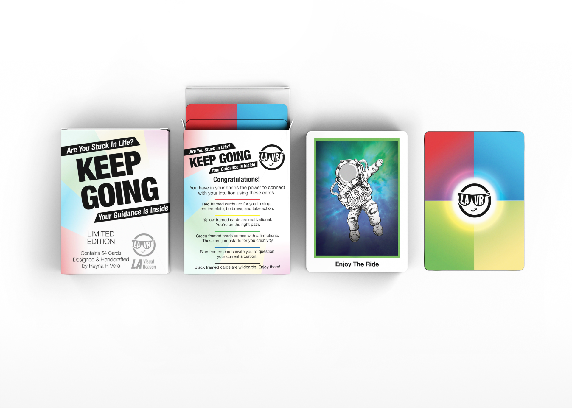 Set of cards with 'Keep Going' and colorful designs on a white background