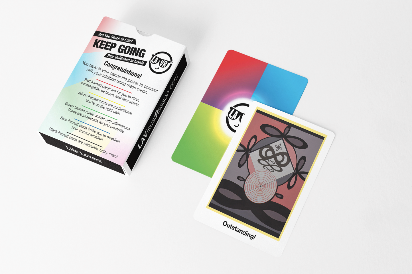 Colorful playing cards with a box labeled 'Keep Going' on a white background