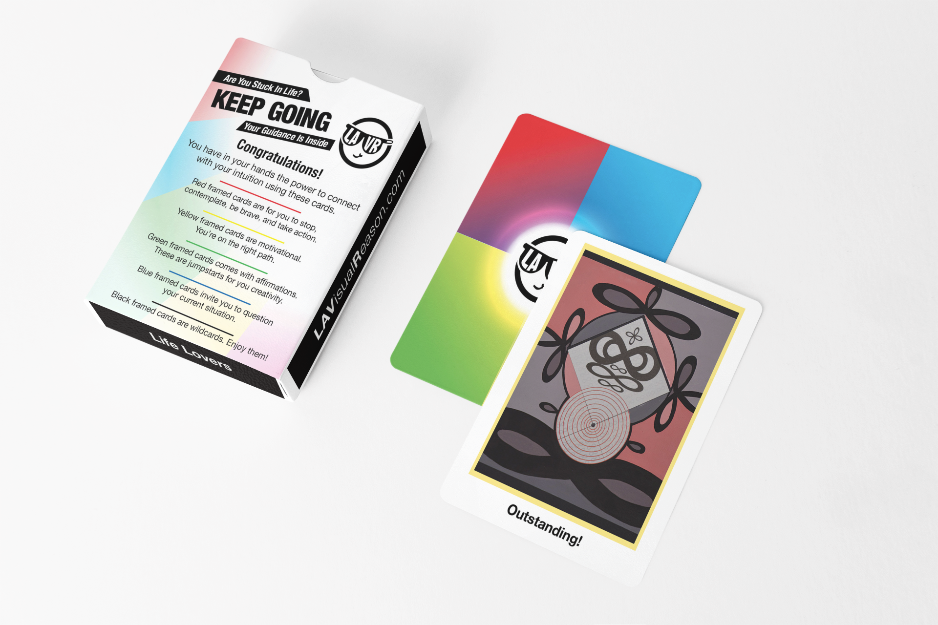 Colorful playing cards with a box labeled 'Keep Going' on a white background
