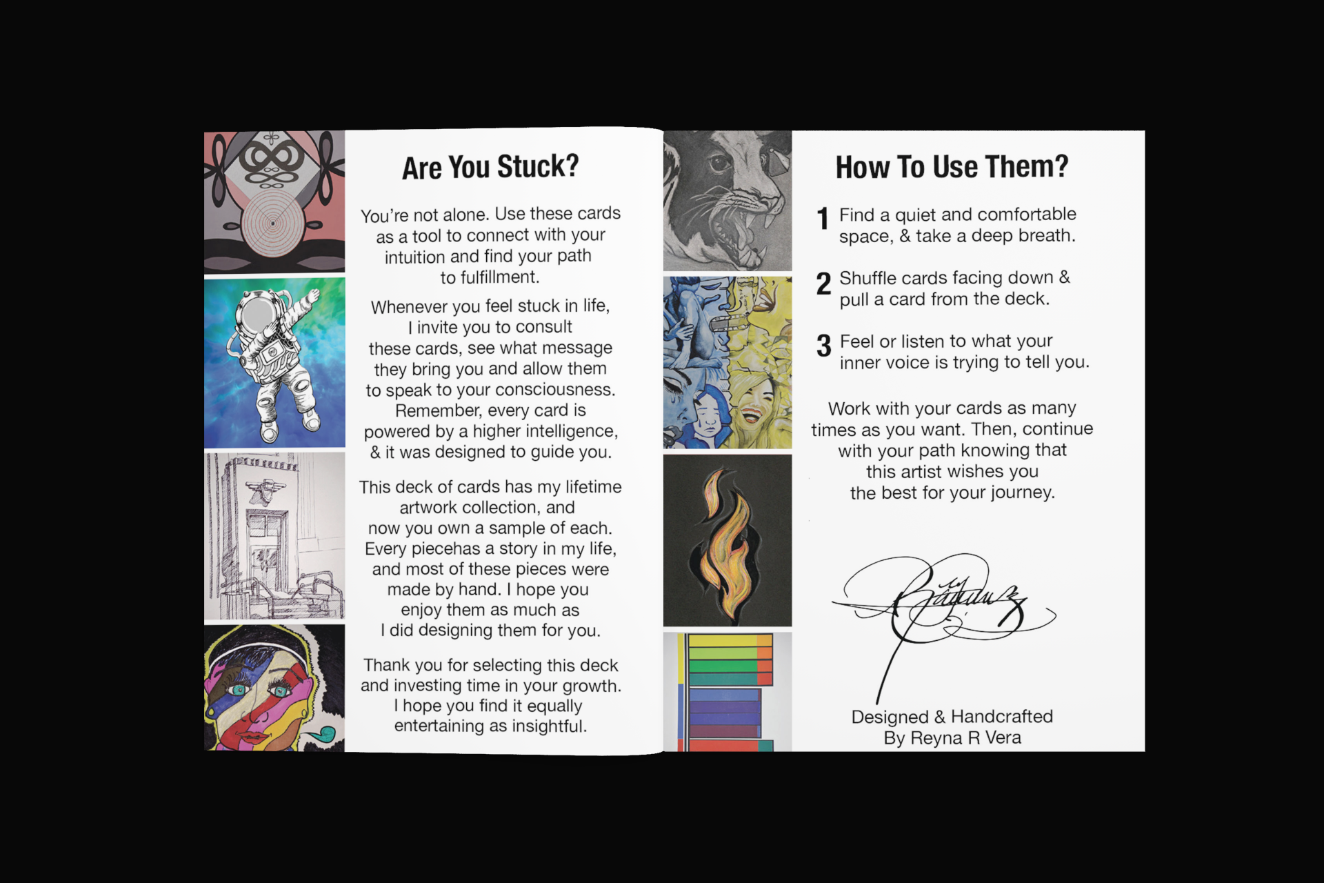Instructions and illustrations for a card deck on a black background