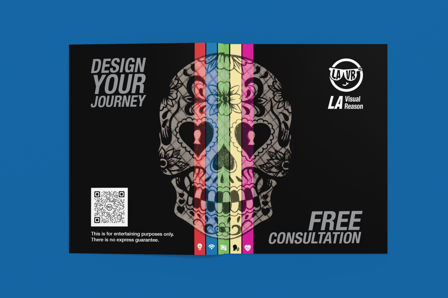 Promotional flyer with skull design and text on a blue background
